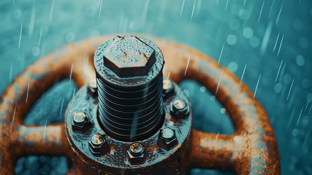 Cargo ship in storm, close-up of rusted valve with raindrops.