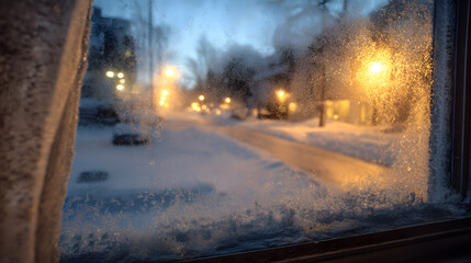 Steamed-up window with partial frost revealing a glowing snowy street scene and soft golden indoor light