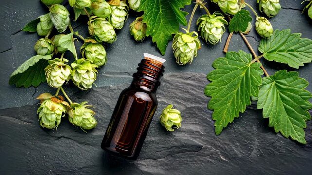 essential oil of hops top view. Selective focus