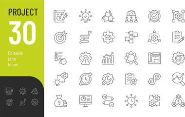 Project Editable Icons set. Vector illustration in modern thin line style of business related icons: planning, strategy, goal, and more. Isolated on transparent background.