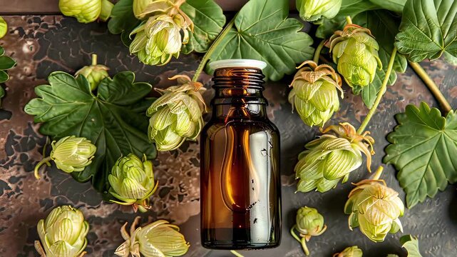 essential oil of hops top view. Selective focus