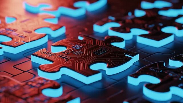 Futuristic jigsaw puzzle pieces with glowing blue edges and intricate circuit board patterns on a grid.