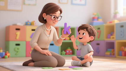 3d cartoon Autistic child boy learning letter recognition with therapist holding letter K in therapy session for language and cognitive skills inclusion awareness