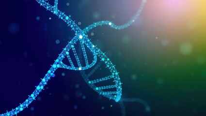Illuminated dna strand with binary code against a dark gradient background with light flares