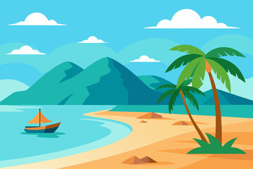 Obraz premium A serene tropical island beach with a lone palm tree swaying gently against the summer sky