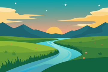 Obraz premium Green hills and mountains under a summer blue sky with clouds and a river flowing through a lush meadow