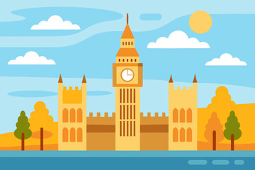 Obraz premium London houses of parliament architecture illustration with Big Ben tower silhouette and city skyline