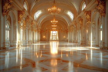 Obraz premium An opulent ballroom with grand chandeliers, marble floors, and gilded wall moldings, bathed in warm golden lighting, evoking an atmosphere of timeless luxury.