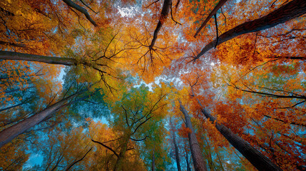 カラフルな紅葉が美しい秋の森林を見上げる写真：オレンジ色と黄色いもみじの樹木