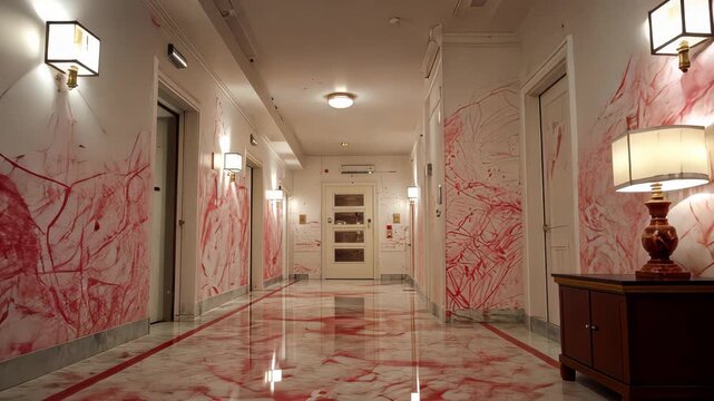Red-stained claw-like scratches down an old hallway wall, hinting at past violence, fear, or supernatural horror