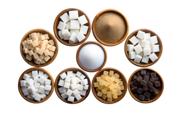 Sugar & Candy Variety: Wooden bowls filled with white, brown sugar, & colorful cube candies on black. Use for food photography or cookbook designs.