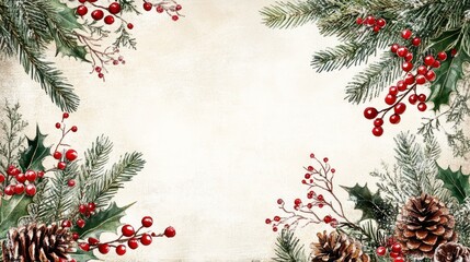 Watercolor Christmas Border with Pine Cones, Holly, and Berries