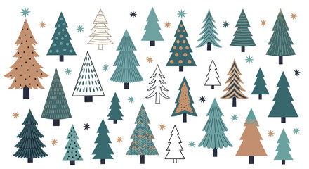 A Festive Collection of Whimsical Christmas Trees Adorned with Unique Patterns and Starry Accents Creating a Joyful Winter Wonderland Scene