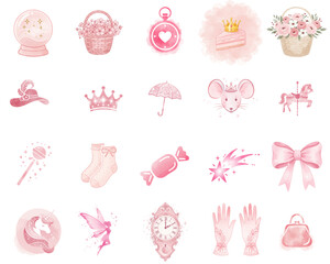 Princess and fairytale icons in pink watercolor design