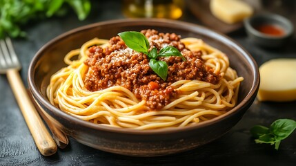 A spaghetti bolognese in a bowl with vegan sauce