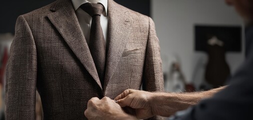 The intricate process of tailoring a classic brown suit for a perfect fit.