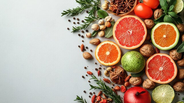 Healthy food arrangement with fruits, nuts, and spices on gray background.