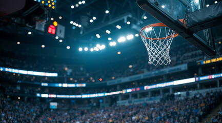 Professional basketball hoop and court illuminated in large arena with crowd in blurred background