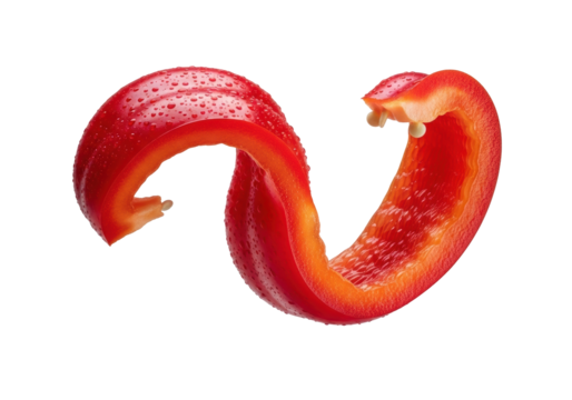Extreme macro of a crimson red bell pepper strip, mid-flexed, with glistening skin and torn succulent interior on transparent, conveying absolute freshness, appetizing food concept