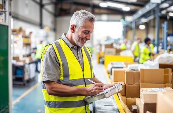 Smiling warehouse worker wearing safety vest writing on clipboard in busy package sorting facility