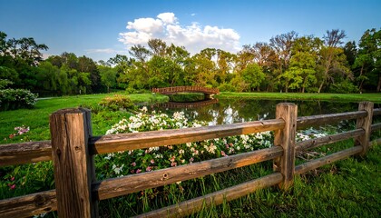 Scenic park pond with wooden fence