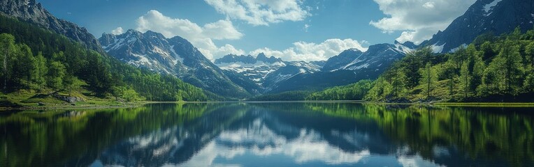 Fototapeta premium A Mountain Lake Reflecting a Dramatic Mountain Range and a Cloudy Sky