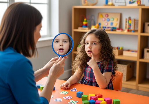 Neurodivergent kid girl in speech therapy practicing mouth movements with therapist using mirror for articulation skills and autism spectrum inclusion awareness