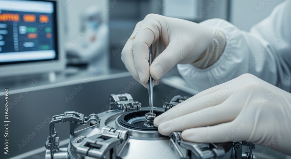 Poster gloved hands assembling microreactor cask seals and locking mechanisms in a contaminationcontrolled 