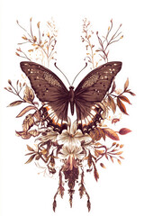 illustration of animal in vintage boho style. butterfly on background of plants and flowers. botanical drawing style. Postcard. notebook cover, print concept. scrapbooking wallpapers. digital art