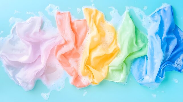 Pastel Rainbow Fabrics in Soapy Water Laundry Background