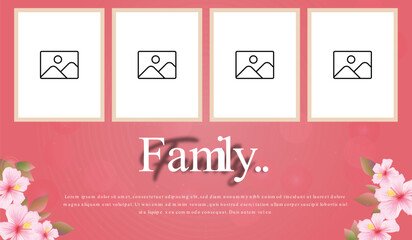 Family photo album template with pink flowers and white frames