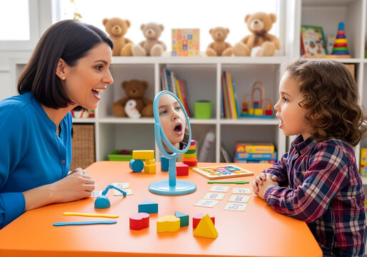 Neurodivergent kid girl in speech therapy practicing mouth movements with therapist using mirror for articulation skills and autism spectrum inclusion awareness