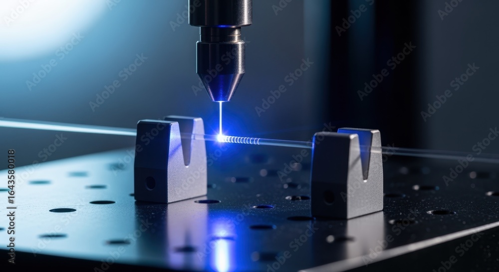 Poster macro shot of an optical fiber being written with bragg gratings using a uv laser source and stable 