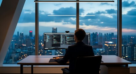 Software developer coding at his desk with cityscape view in the evening ambiance