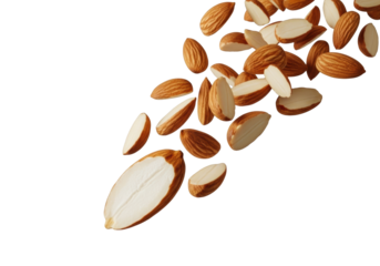 Extreme macro of golden-brown slivered almonds cascading, fractured piece revealing creamy interior, on transparent, soft shadow, precise lighting, bokeh, emphasizing texture and motion concept