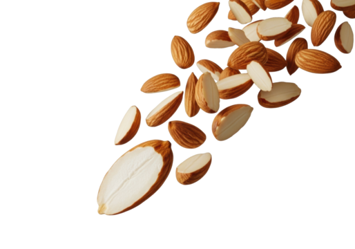 Extreme macro of golden-brown slivered almonds cascading, fractured piece revealing creamy interior, on transparent, soft shadow, precise lighting, bokeh, emphasizing texture and motion concept