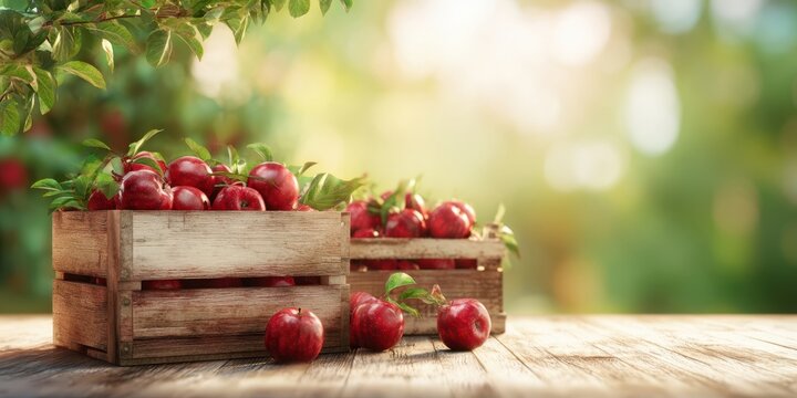 The vibrant apples in rustic wooden crates on a sunny table
