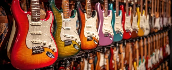 Wanddecoratie Muziekwinkel The vibrant display of electric guitars in a colorful music store  © Miro