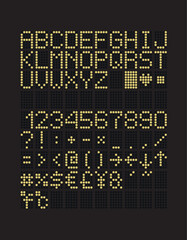Pixel dot font capital letters, numbers and punctuations. For techno style illustrations. LED sign board font in airport and train station