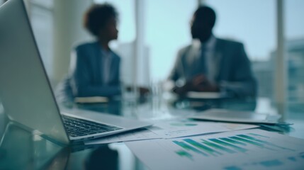 The laptop and documents featured in a modern business meeting environment.