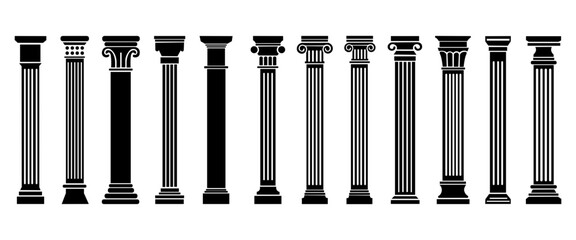 Ancient Greek columns silhouette, Roman architectural building elements, Collection of various ancient columns, Greek and Roman