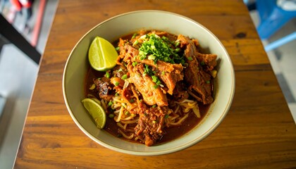 Noodles dish on wooden table