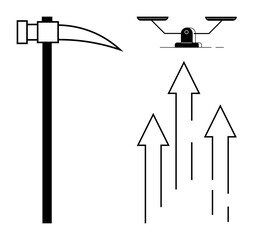 Hammer and pickaxe for labor, balanced scales for justice, and upward arrows symbolizing growth. Ideal for topics on progress, fairness, industry, growth, labor development and equality. Simple