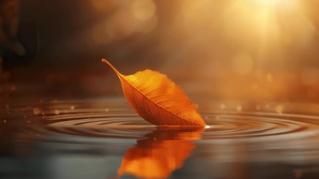 Floating autumn leaf on pond with ripples