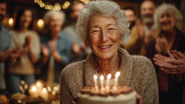 Joyful elderly woman celebrating birthday with candles surrounded by friends and family capturing happiness warmth and festive celebration in a lively gathering - Powered by Adobe