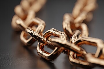 Close-up of a gold chain.  Links are intricate, showing texture. Dark background