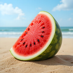Fresh Watermelon Slice on Sandy Beach with Ocean in Background