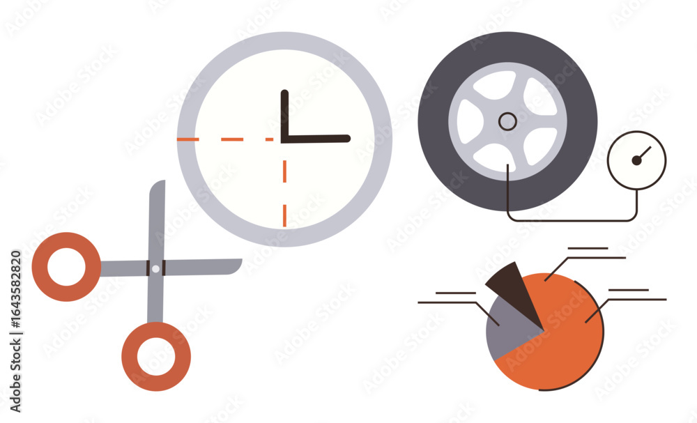 Poster clock, scissors, gauge, pie chart combined with dynamic lines and shapes symbolizing time management
