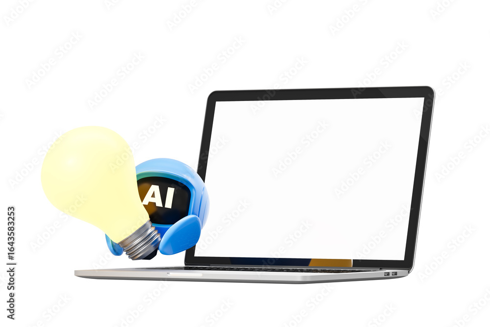 Aufkleber cute ai robot with helmet and glowing lightbulb next to a blank laptop screen, 3d rendering style on