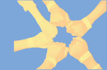 close up group of hand gesturing strong in unity color halftone dotted texture style collage element isolated on blue background. friendship concept.